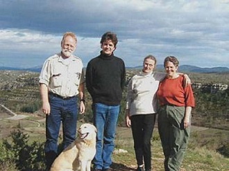 Tom, Philippe, his mother and Kathy on the banks of the Chassezac next to the medieval village of La Garde Guérin in Lozère