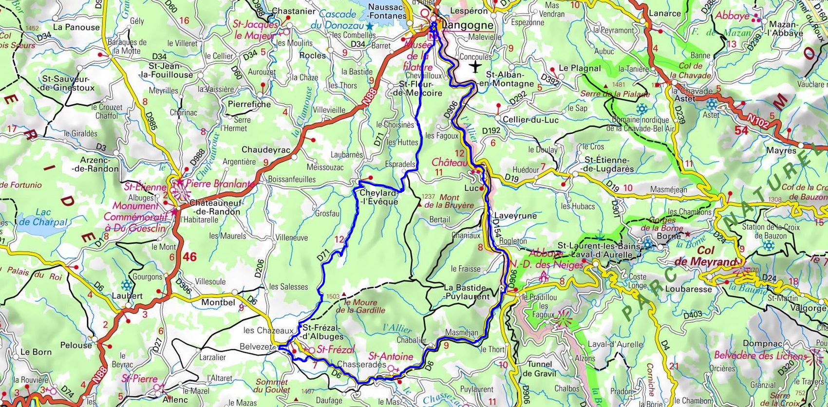 IGN 65km biking loop at La Bastide-Puylaurent in Lozere