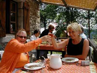 Lunch on the terrasse of the restaurant in Loubaresse (Ardeche)