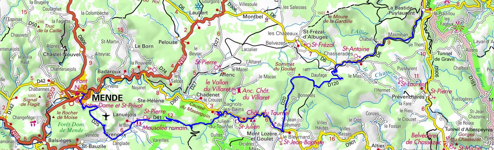 IGN 59,4km biking loop at La Bastide-Puylaurent in Lozere 